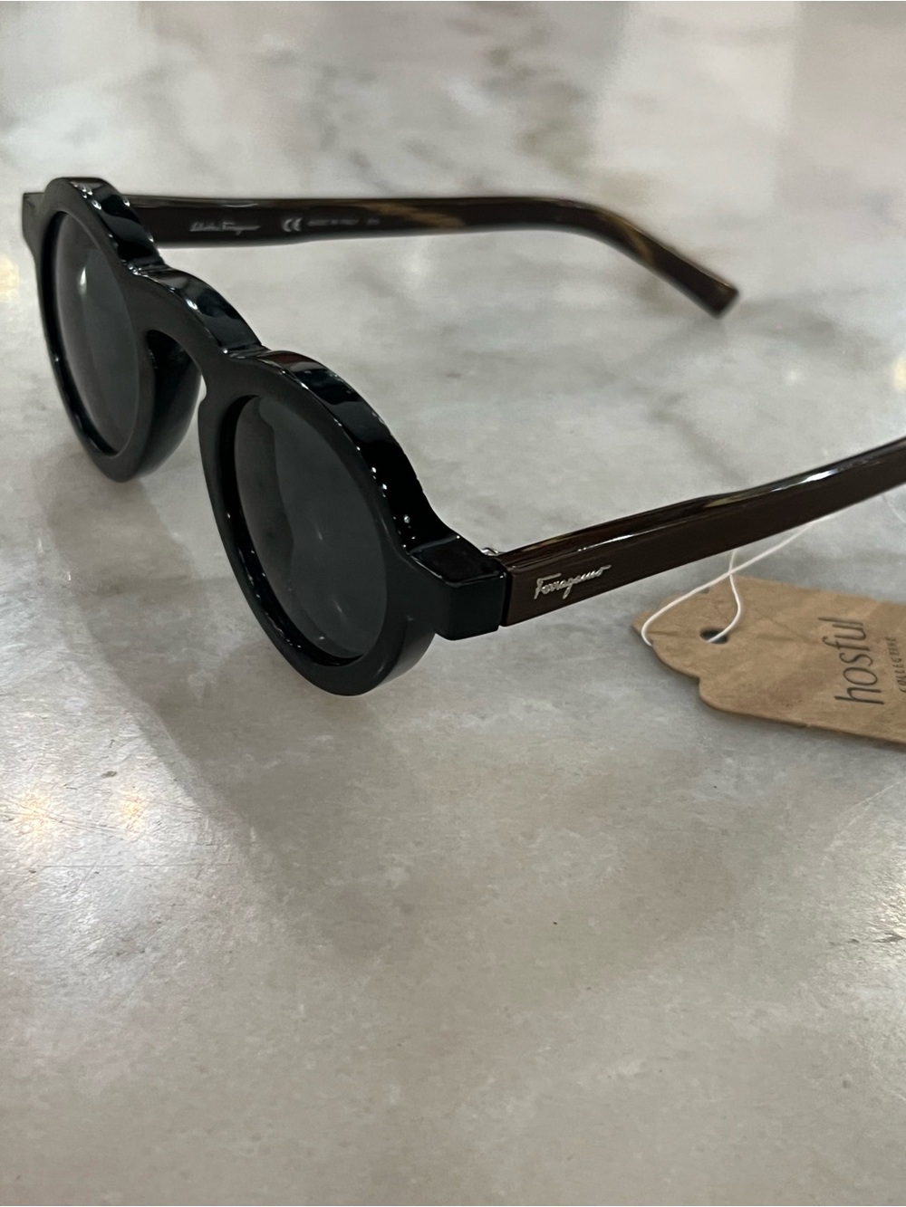 Salvatore Ferragamo Men’s Round Black Sunglasses with Brown Temples